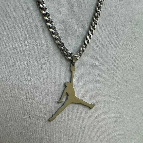 Jordan Jumpman Pendant Necklace - MJ - Silver Plated - 22" Cuban Chain - Picture 1 of 4